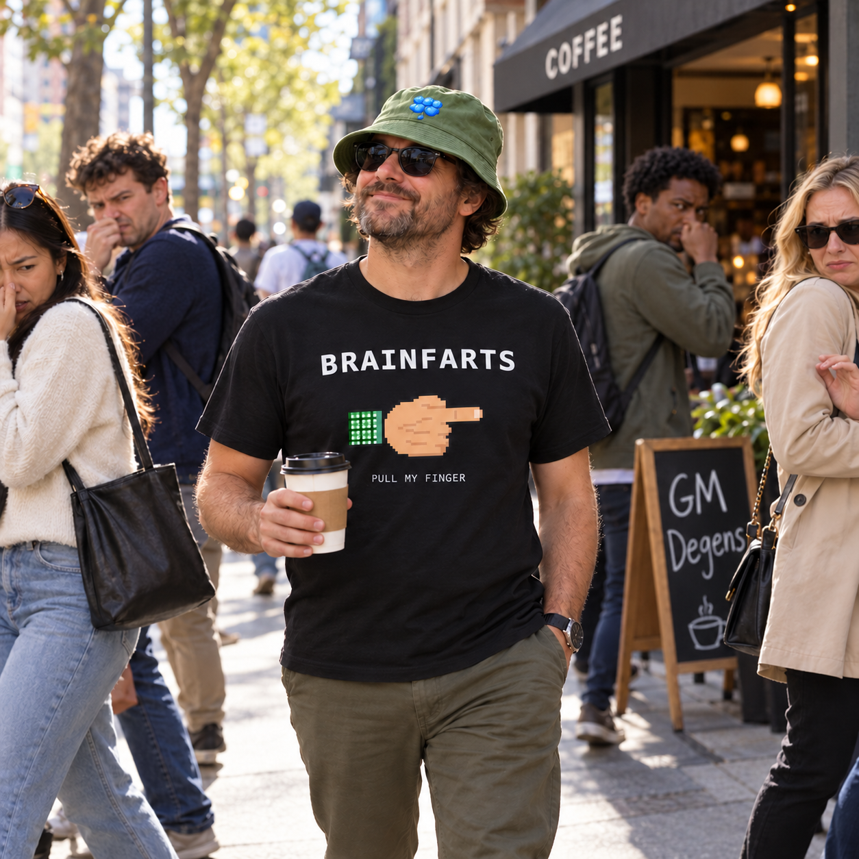 A man in a BRAINFARTS tee, a pixel hand pulling a finger beside a green gingham square, and a green bucket hat with the blue cloud, walking past a coffee shop; everyone around him is holding their nose